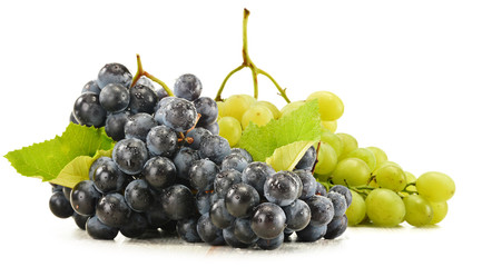 Two bunches of red and white grapes isolated on white
