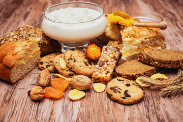 tasty breakfast with curd, pie and tea