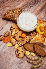tasty breakfast with curd, pie and tea