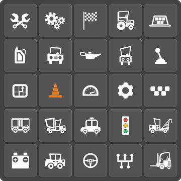Set of 25 cars web and mobile icons. Vector.