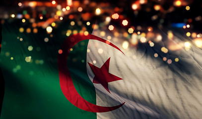 Algeria National Flag Light Night Bokeh Abstract Background - obrazy, fototapety, plakaty