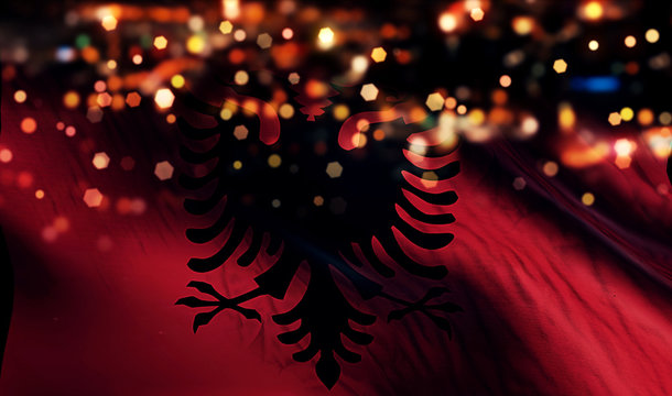 Albania National Flag Light Night Bokeh Abstract Background