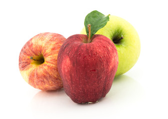 three color apples on white background