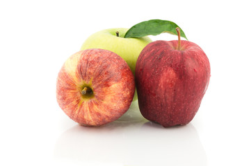 three color apples on white background