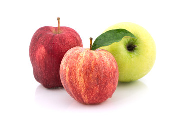 three color apples on white background
