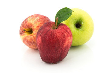 three color apples on white background