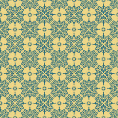 Blue seamless ornament, gold background.