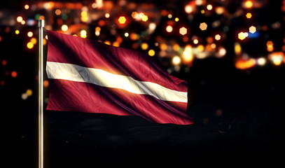 Latvia National Flag City Light Night Bokeh Background 3D - obrazy, fototapety, plakaty