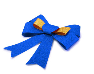 Gold and blue ribbon isolated on white, clipping path.
