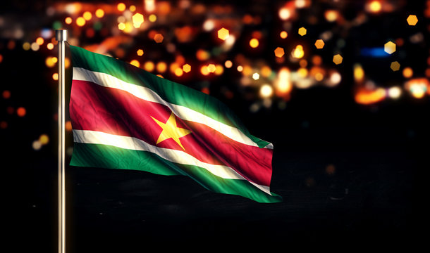 Suriname National Flag City Light Night Bokeh Background 3D