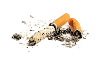 Cigarette butts with ash isolated on white background