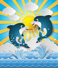 Illustration of the dolphins in sea on the sunset