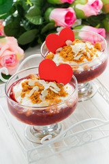 dessert with berry jam and cream for Valentine's Day, top view