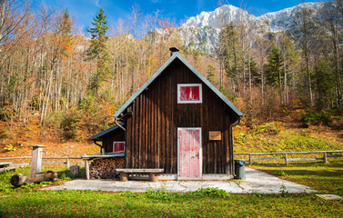 Alpine hut with a bench