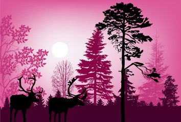deers in pink forest illustration