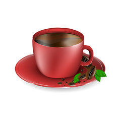 Coffee cup in red color with coffee beans and leaves