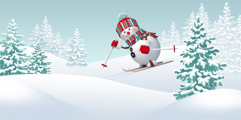 Christmas snowman skiing downhill, winter sports
