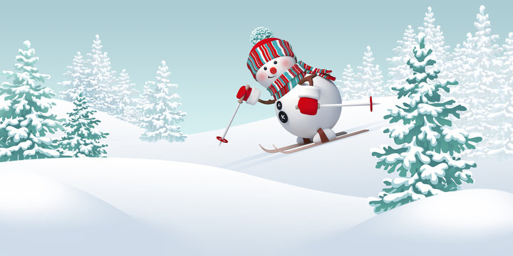 Christmas Snowman Skiing Downhill, Winter Sports