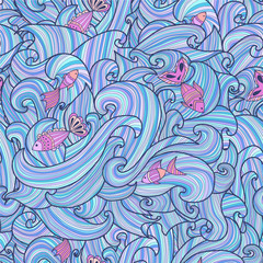 Seamless pattern background with fish and waves