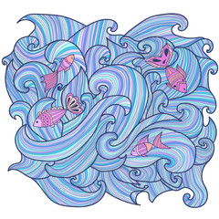 Obraz premium Sea background with waves and fish