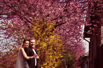 Bride and groom in spring time wedding