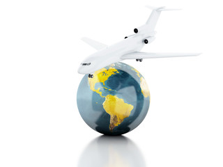 Fototapeta premium 3d renderer illustration. airplane and world globe. travel conce