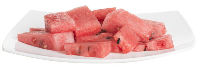 chopped pieces of watermelon in a white dish isolated