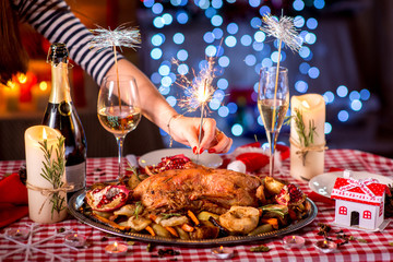 Turkey on CHristmas decorated table
