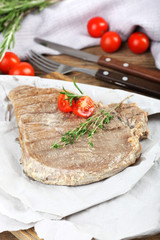 Delicious grilled meat on table