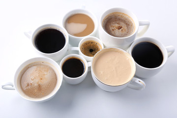Lots of coffee cups on white background