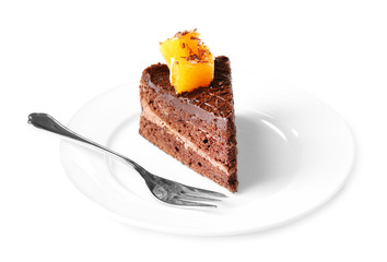 Yummy chocolate cake with orange, close-up