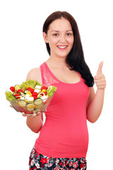 happy girl with healthy salad and thumb up