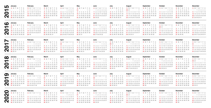 Calender 2015 2016 2017 2018 2019 2020
