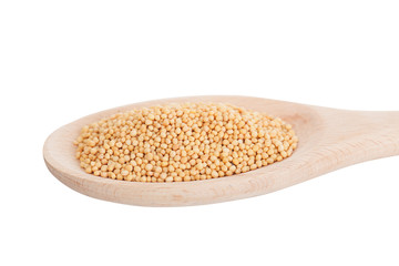 White mustard in a wooden spoon, it is isolated
