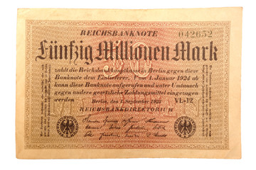 Inflationsgeld Reichsbanknote  01.09.1923 Fünfzig Millionen Mark