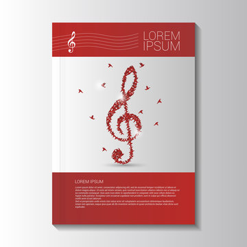 Music brochure template with treble clef. Vector illustration