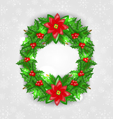 Fototapeta na wymiar Christmas decoration with holly berry, pine and poinsettia