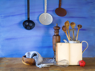 cookbook and kitchen utensils, free copy space