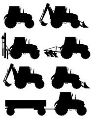 Obraz premium zestaw ikon ciągników czarna sylwetka ilustracji wektorowych