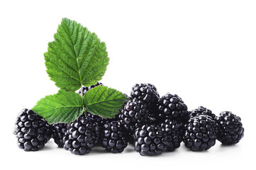 Fresh blackberry with green leaf on white background