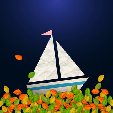 Autumnal concept - sailboat and leaves