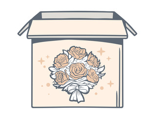 Vector illustration of open box with icon of bouquet of flowers