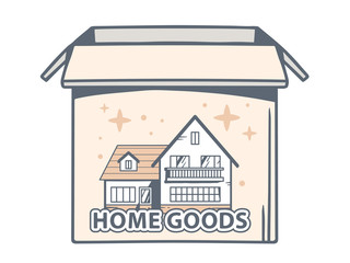 Vector illustration of open box with icon of home goods on white