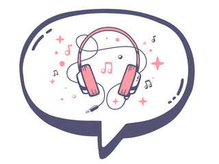 Vector illustration of bubble with icon of pink headphones on wh