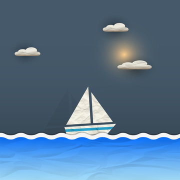 Sailing boat and sun with clouds