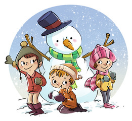 niños con muñeco de nieve
