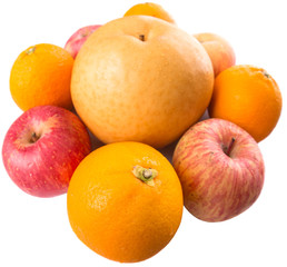 Gala apples, Nashi Asian pears and oranges over white background