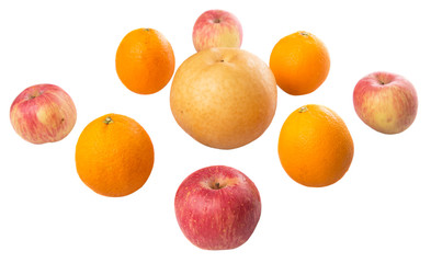 Gala apples, Nashi Asian pears and oranges over white background
