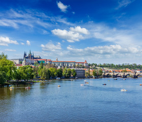 Fototapeta na wymiar View of Charles bridge over Vltava river and Gradchany (Prague C