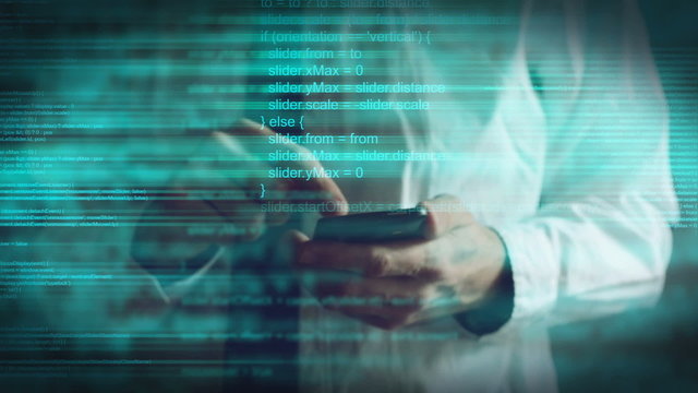 Abstract animated script programming code on mobile smart phone 